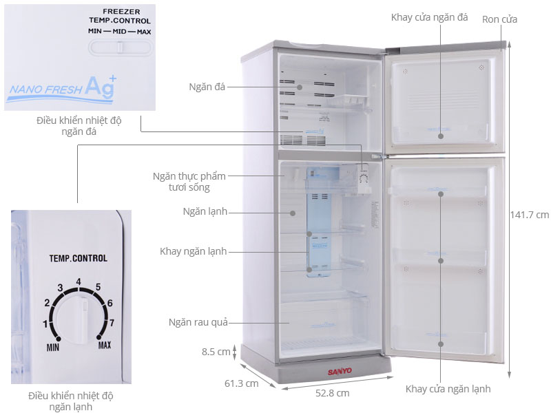 Kích thước Tủ lạnh Sanyo 186 lít SR-S205PN